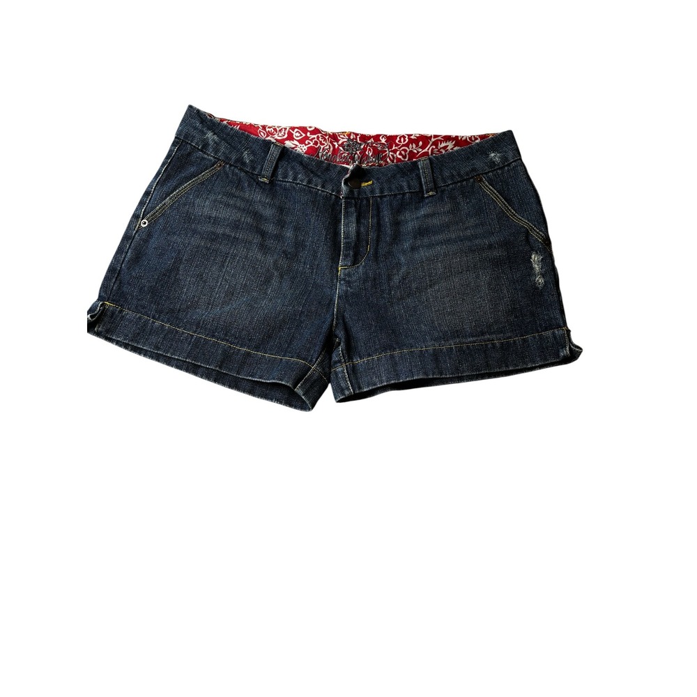 Honolua Wahine Dark Wash Denim Shorts Low Rise Red Floral Lining Size 13 - Picture 2 of 10